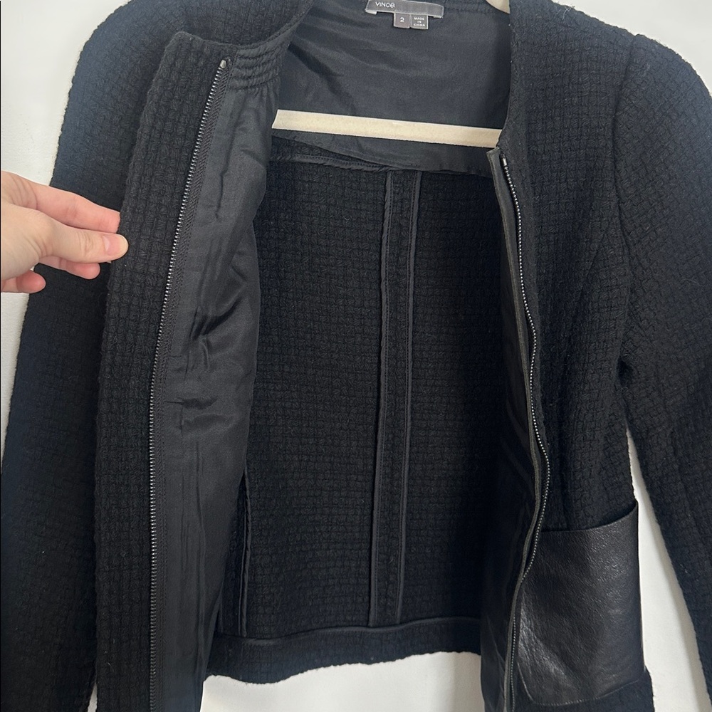 Vince Wool Jacket Basket Weave Leather Zip Moto Size 2 - Picture 2 of 5